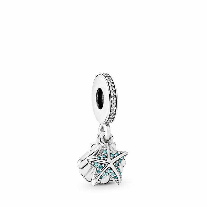 Pandora Tropical Starfish & Sea Shell Dangle Charm Ireland - Sterling Silver/Blue/Cubic Zirconia - 2